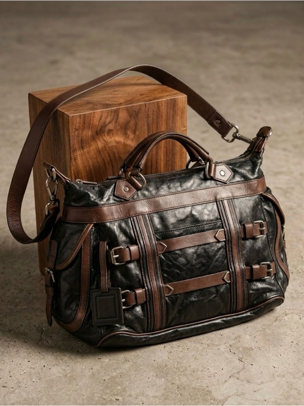 L.A.M.B. Black and Brown Satchel with Structured Design
